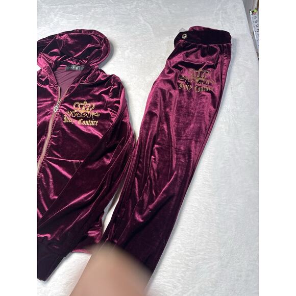Juicy Couture Velour Tracksuit Burgundy Gold Logo Zip Hoodie Pants Set M Y2K Lux - Picture 3 of 12